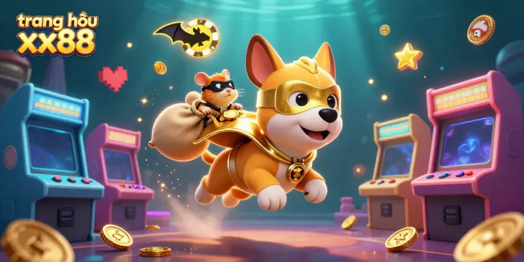 Experience the thrill at trang chủ xx88 with a vibrant 3D illustration of a superhero dog and hamster amidst a lively casino game scene.