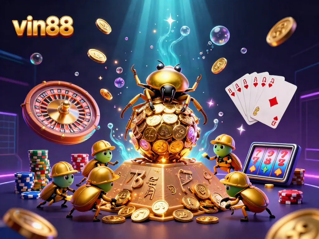 vin88 showcases a dynamic casino scene featuring a golden beetle, cascading coins, and a roulette wheel