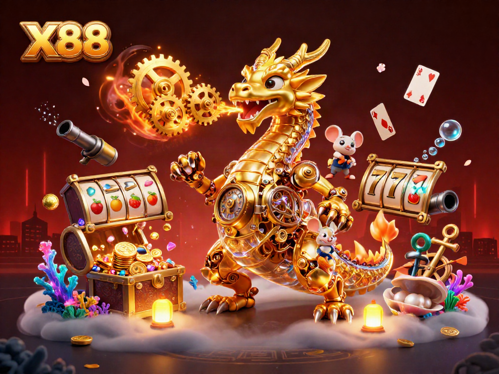 X88 golden dragon breathing gears while surrounded by slot reels and treasure in dynamic casino scene