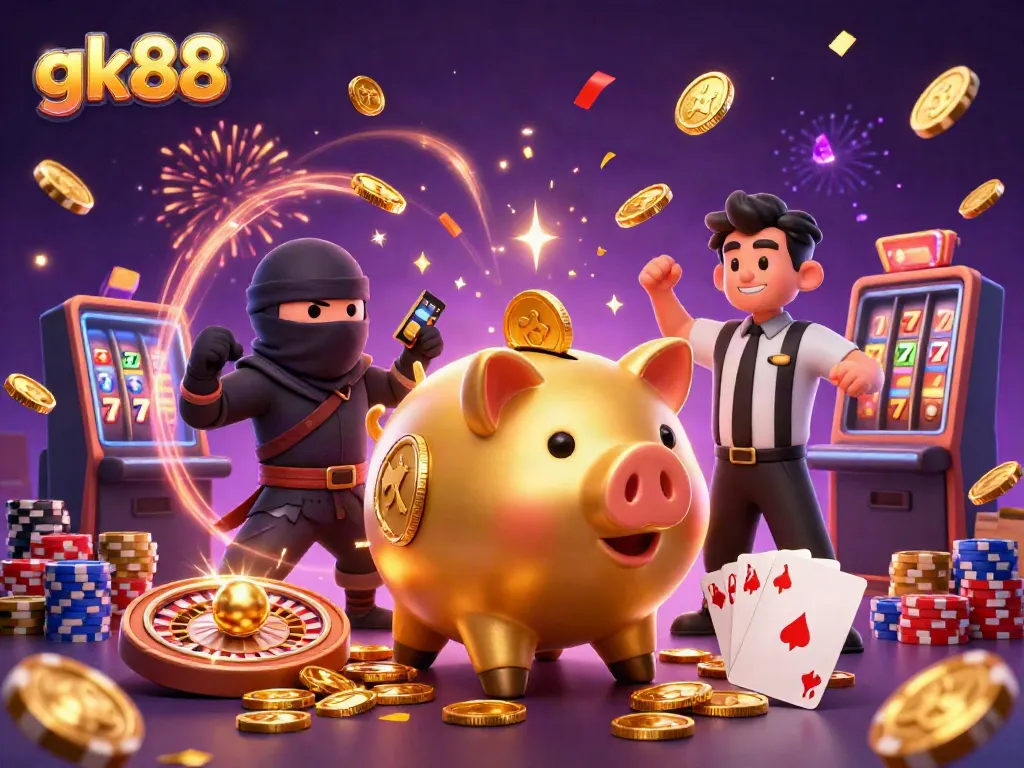 Experience thrilling gaming moments at gk88 with a vibrant, action-filled 3D casino scene.