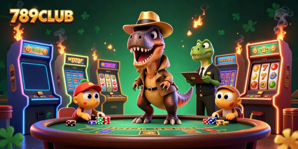 Experience the thrill of 789CLUB as a velociraptor card counter interacts with casino elements.