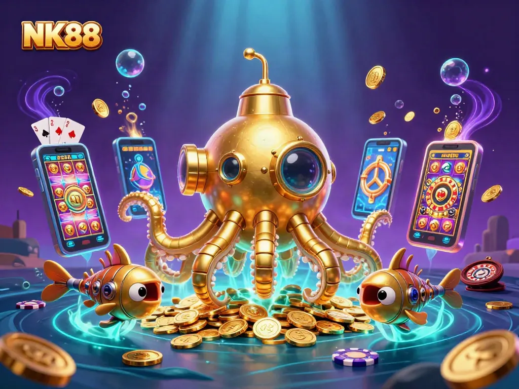 Experience the thrilling adventure of NK88 as the golden kraken submarine dives into a treasure of coins.