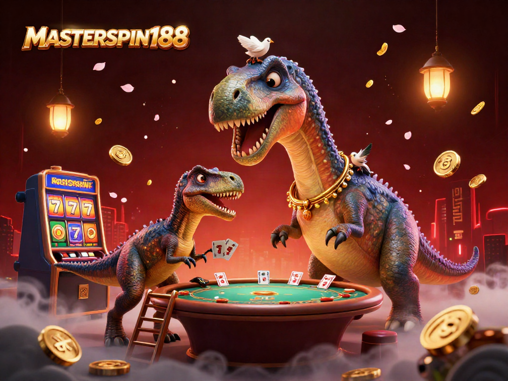 Play at MASTERSPIN188 with a whimsical 3D scene featuring a brontosaurus and poker elements.