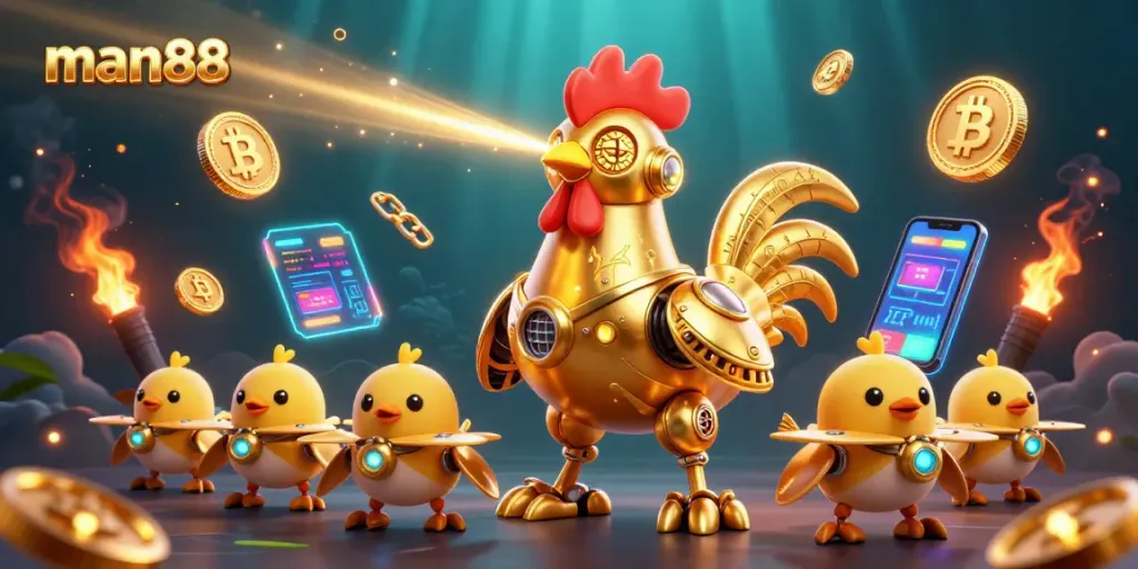 Join the thrilling action at man88, featuring a golden rooster robot with crypto coins and game elements.
