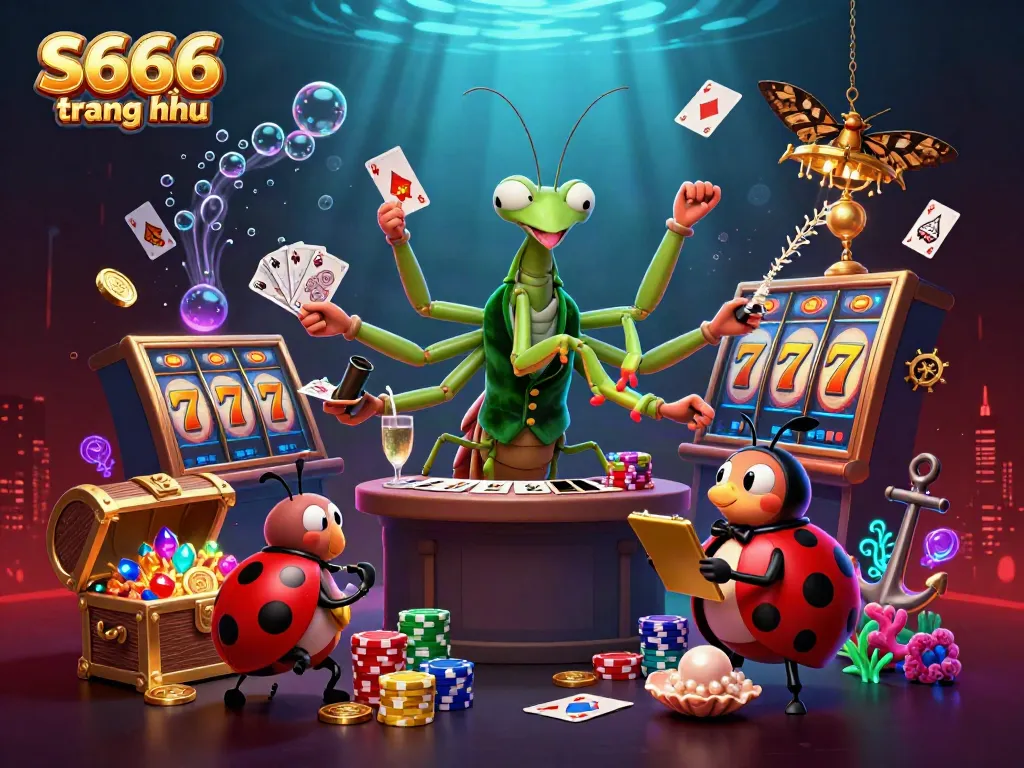 S666 trang chủ showcases a vibrant scene with a giant praying mantis card sharp and ladybug pit boss engaging in casino excitement.
