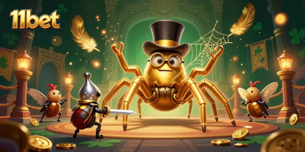 Engage in thrilling 11bet gaming thrills with a golden tarantula and beetle knight in a vibrant casino.