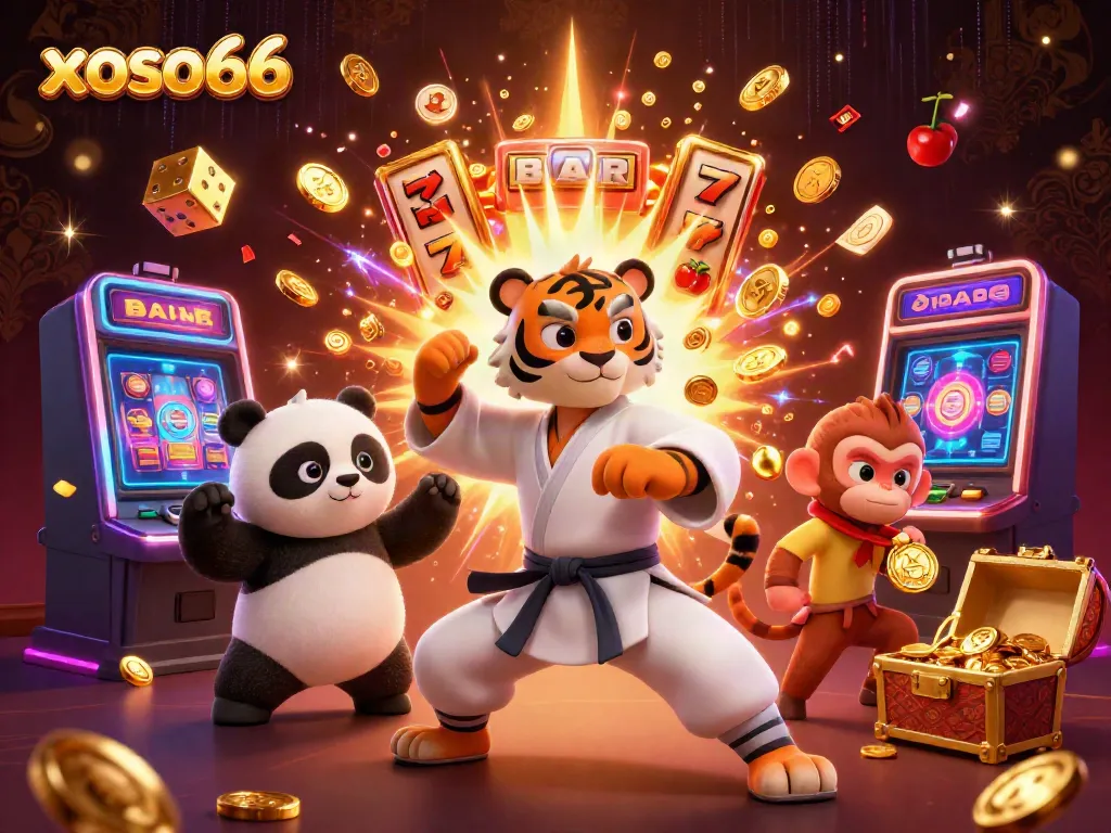 Experience the xoso66 excitement with a dynamic illustration of a kung fu tiger and friends in a vibrant casino scene.