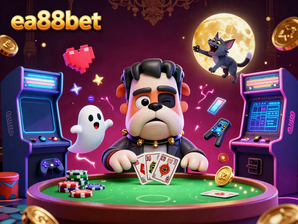 Join the game at ea88bet with a Frankenstein bulldog dealer, ghost mouse, and werewolf kitten in a casino.
