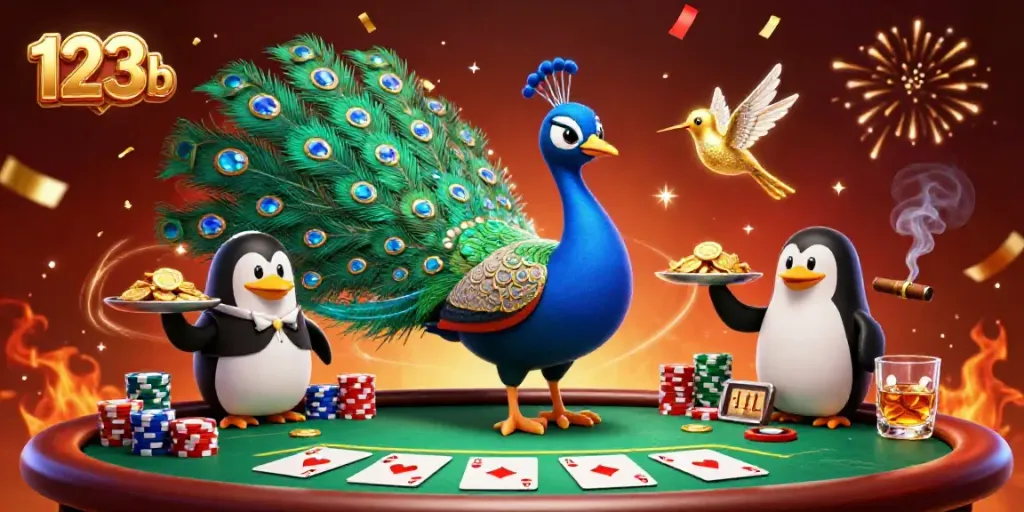 Experience thrilling gameplay with 123b in this vibrant casino scene featuring a royal flush and festive celebration.