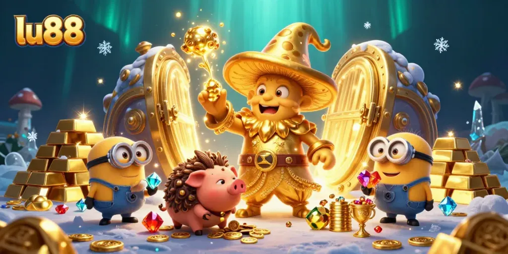 Experience the magic at lu88 with treasure and golden delights in this online casino illustration.