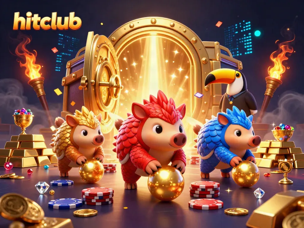 Hitclub pangolins competing in a dazzling gambling scene with poker chips, gold treasures, and festive confetti.