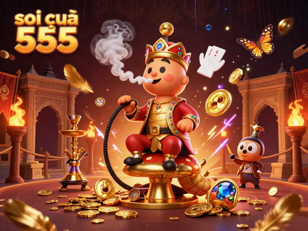 Engage with the exciting scene of soi cầu 555, featuring vibrant casino elements and a charming caterpillar character.