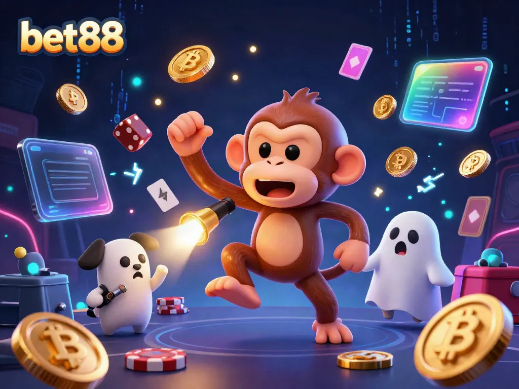 Engage with bet88's thrilling casino adventures as a mischievous monkey juggles gold in a lively haunted setting.