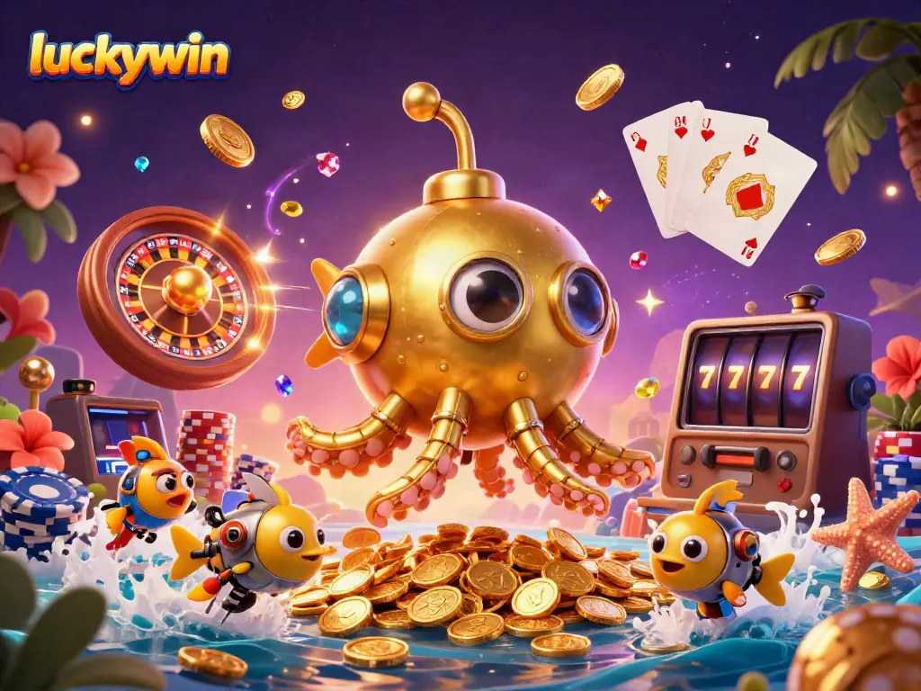 Experience the excitement at luckywin with a dynamic scene of a golden kraken submarine and jackpot elements.