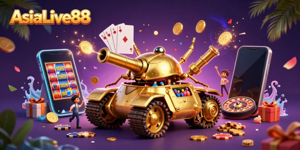 Experience winnings at AsiaLive88 with a vibrant casino-themed golden beetle tank illustration.