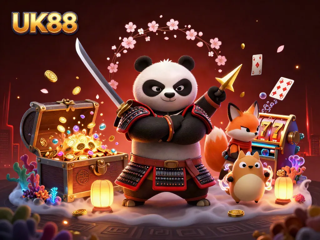 Experience UK88's thrilling casino adventure with a samurai panda and ninja fox in an action-packed scene.