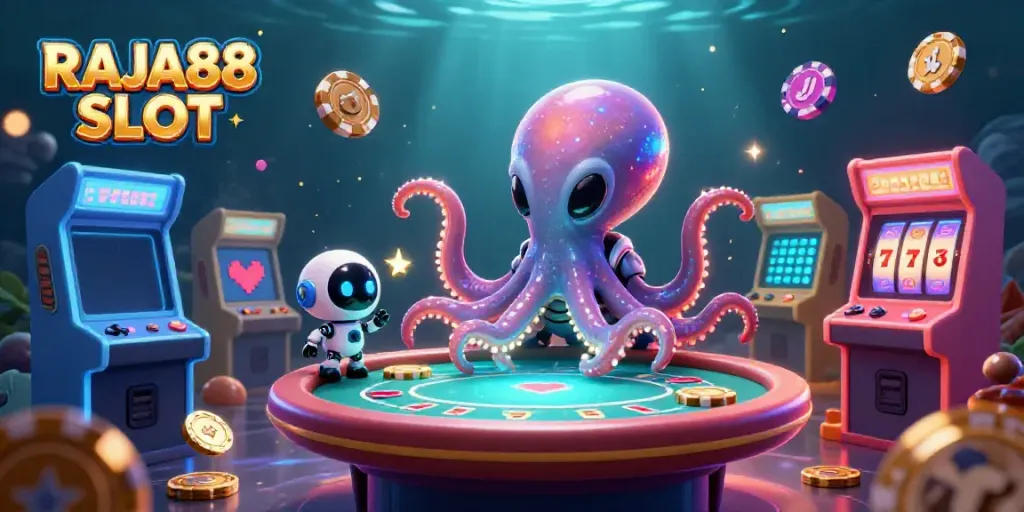 Engage in thrilling gameplay with RAJA88 SLOT featuring an alien octopus and dynamic slot machines.