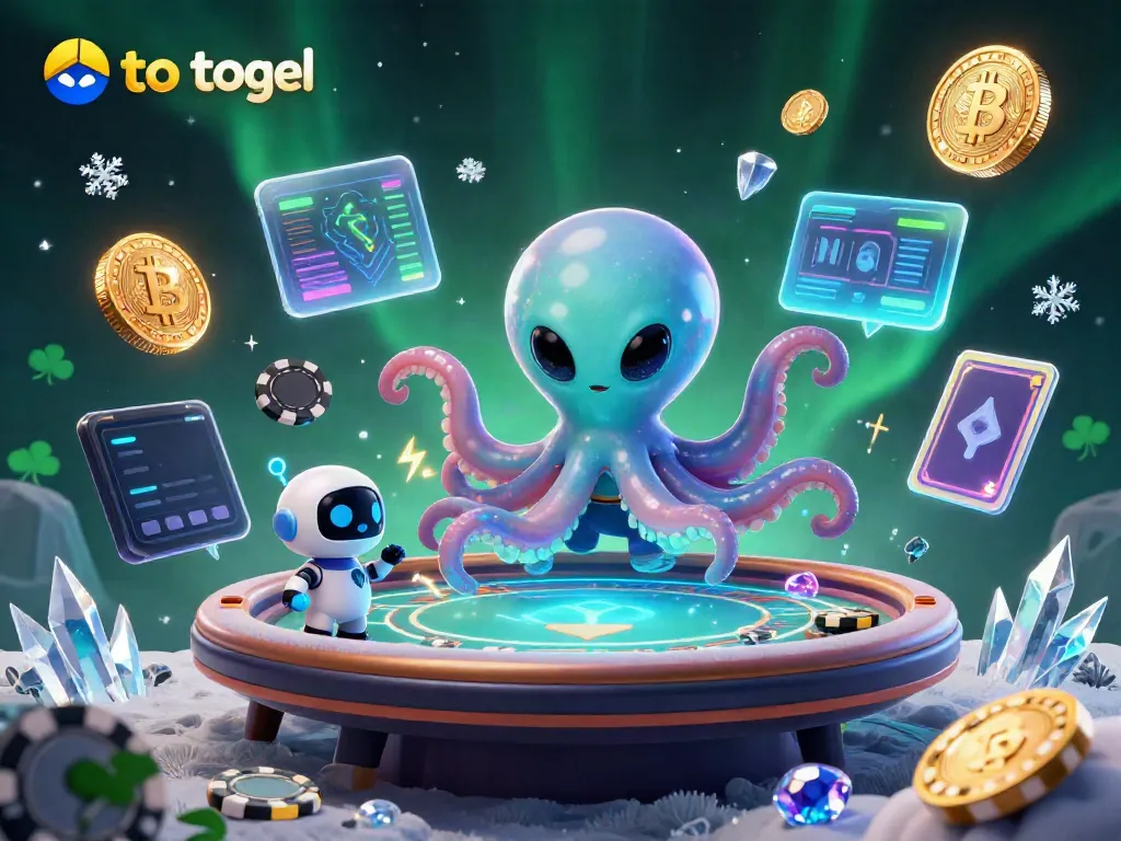 Engage in thrilling toto togel gaming with an energetic scene of an alien octopus at a holographic poker table.