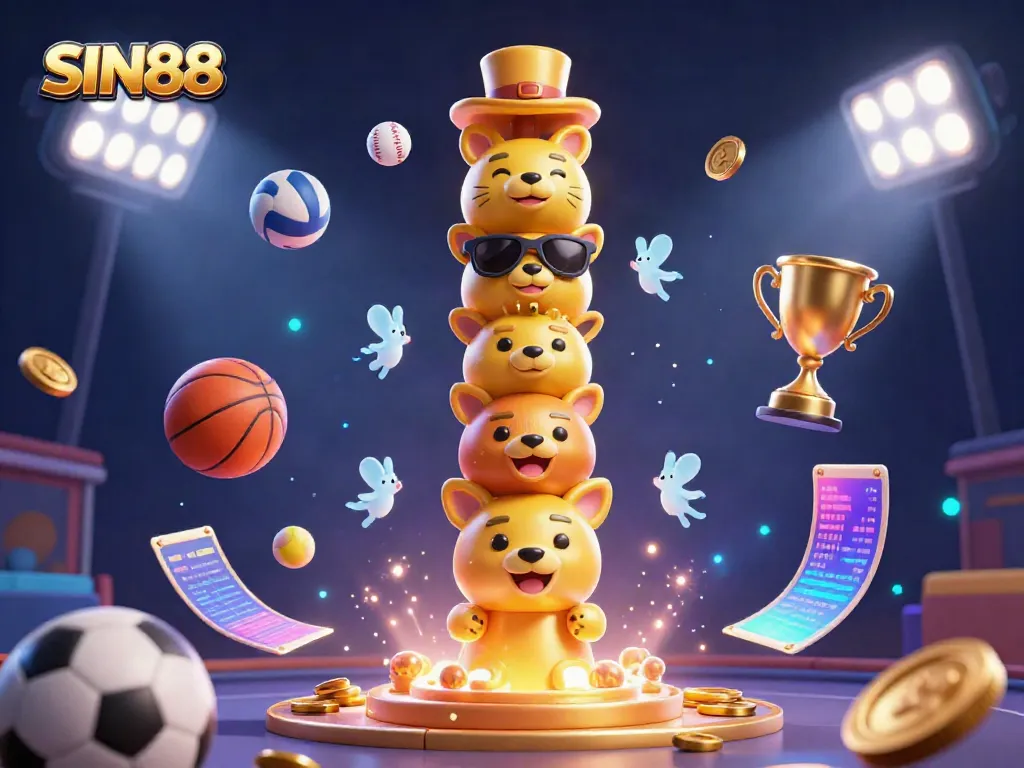 Place bets on SIN88 with dynamic sports elements, a golden totem, and vibrant visuals.