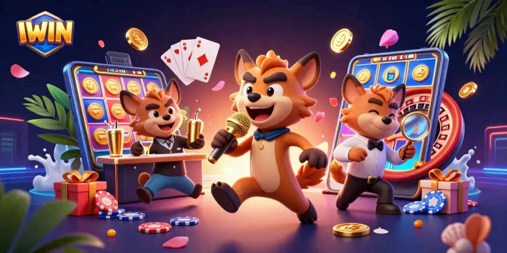 IWIN hyenas comically managing a vibrant casino club, offering fun gaming experiences.