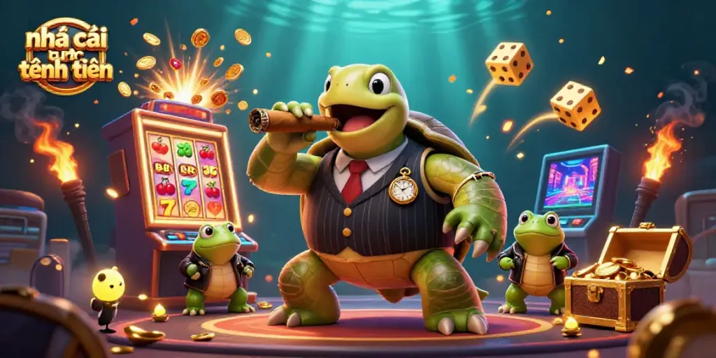 Experience the thrill of nhà cái tặng tiền with a massive slot machine explosion, featuring a mobster turtle and bullfrog enforcers.