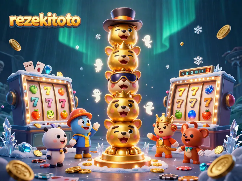 Experience rezekitoto with vibrant casino elements and dynamic characters in a colorful 3D illustration.