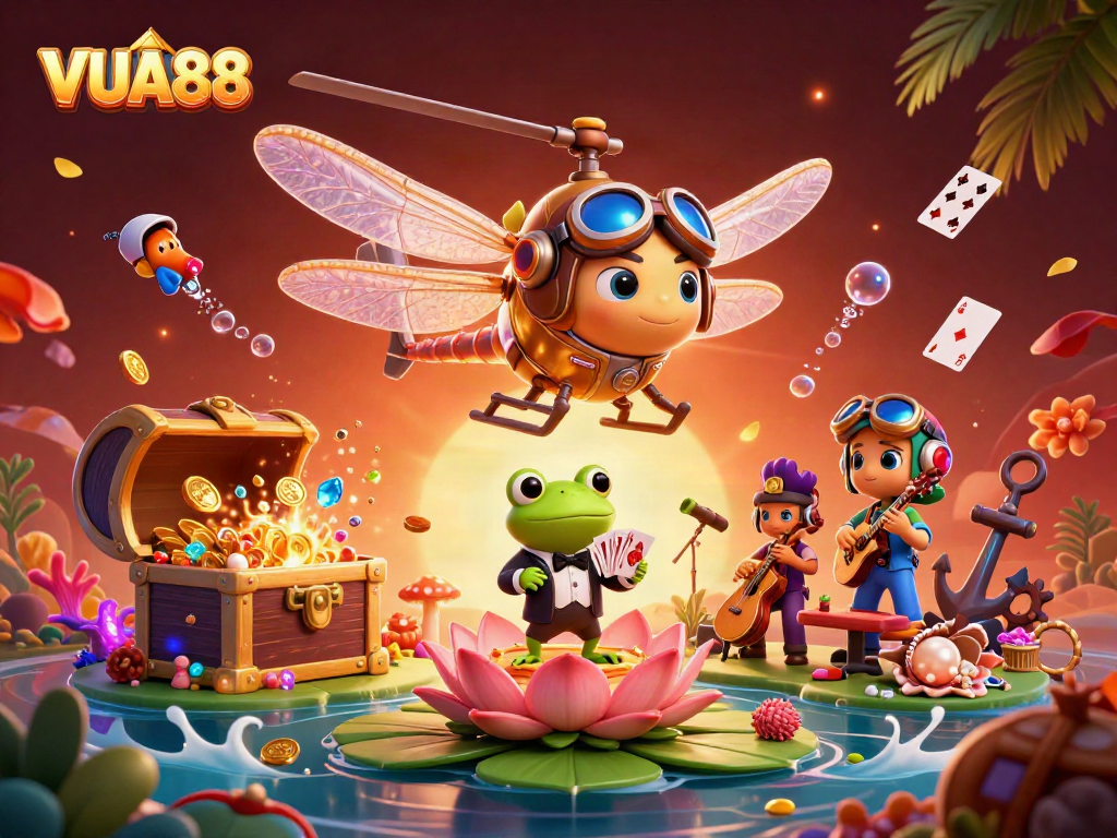 VUA88 features a vibrant dragonfly pilot above a lily pad casino with dynamic elements for engaging gambling.