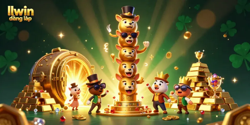 Engage with llwin đăng nhập as a vibrant 3D scene showcases a cartoon totem pole and golden treasures.