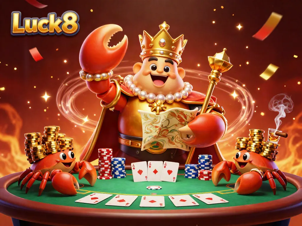 Experience the excitement at Luck8 with a golden crab emperor and vibrant poker scene featuring stacks of chips and game elements.