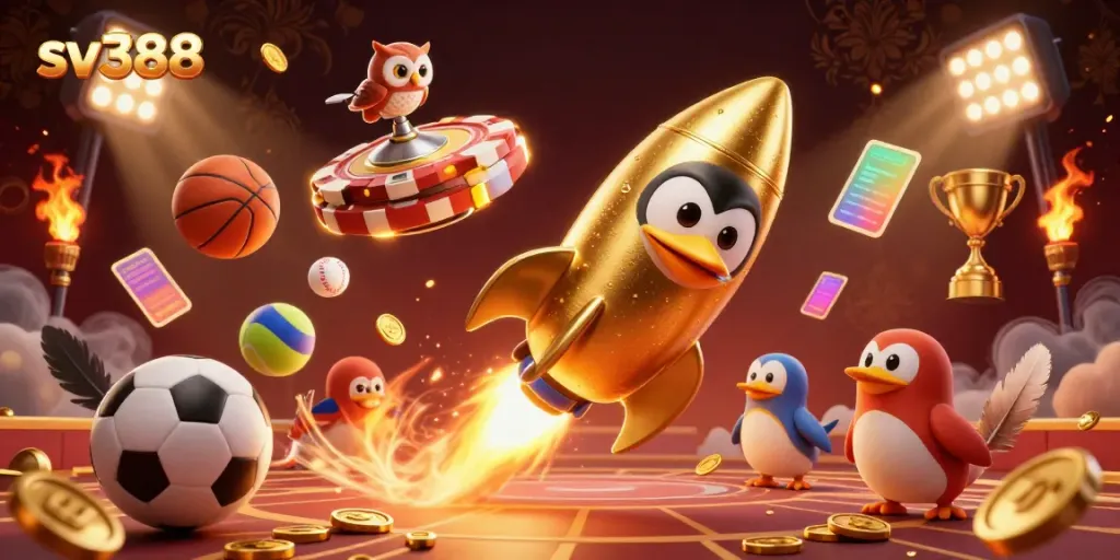 Experience gambling excitement at sv388 with a dynamic golden penguin aboard a casino-themed spaceship.