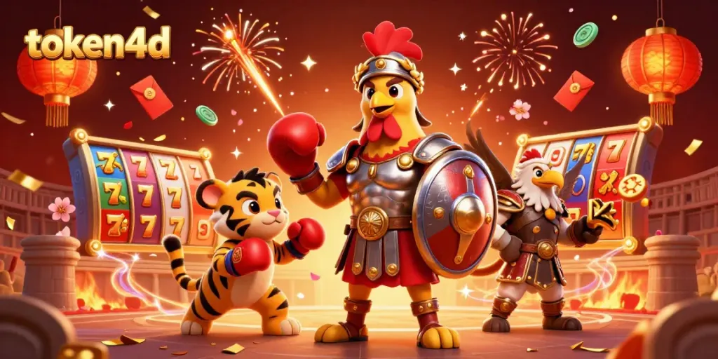 Token4D menghadirkan ilustrasi slot modern dengan ayam jantan gladiator dan anak harimau dalam suasana meriah.