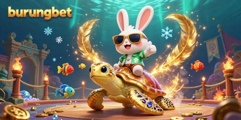 Experience thrilling gaming with burungbet, featuring a lucky rabbit and golden sea turtle in a vibrant underwater casino.