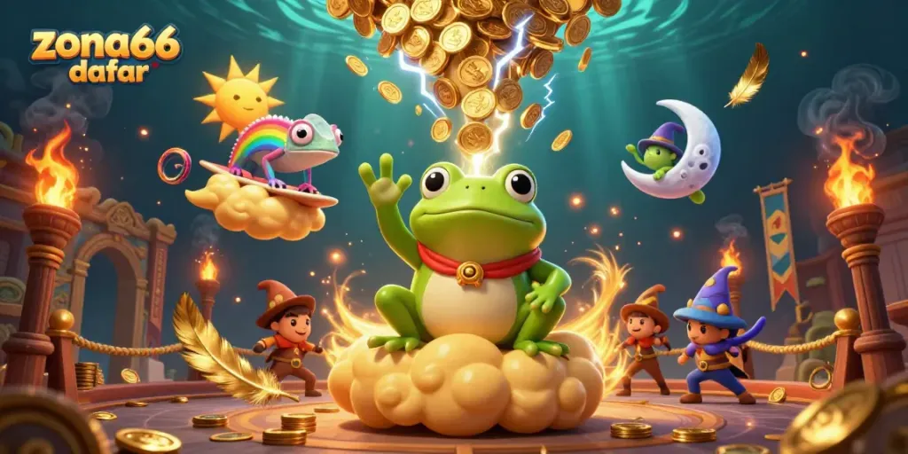 Experience gaming adventures with zona66 daftar, as the wizard frog conjures golden coins and magic in a casino realm.