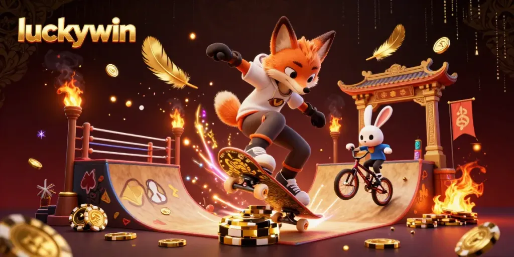Experience the thrill of luckywin with a dynamic 3D illustration featuring a skateboarder fox and BMX rabbit in a vibrant casino setting.