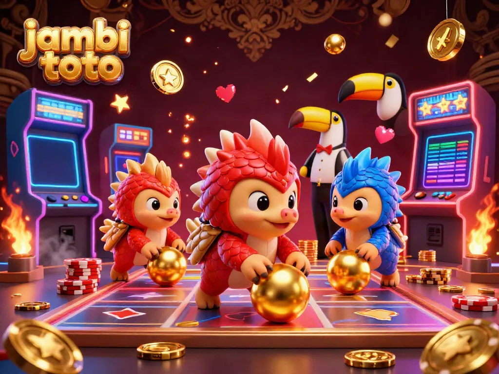 Experience thrilling jambi toto gameplay with rival pangolins battling through golden poker chips and arcade machines.
