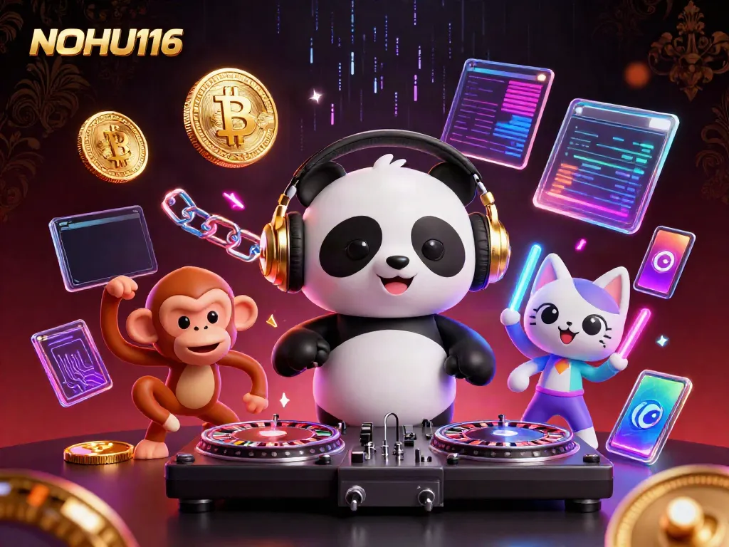 Experience thrilling gameplay at NOHU116 with vibrant 3D characters amidst crypto-themed visuals.