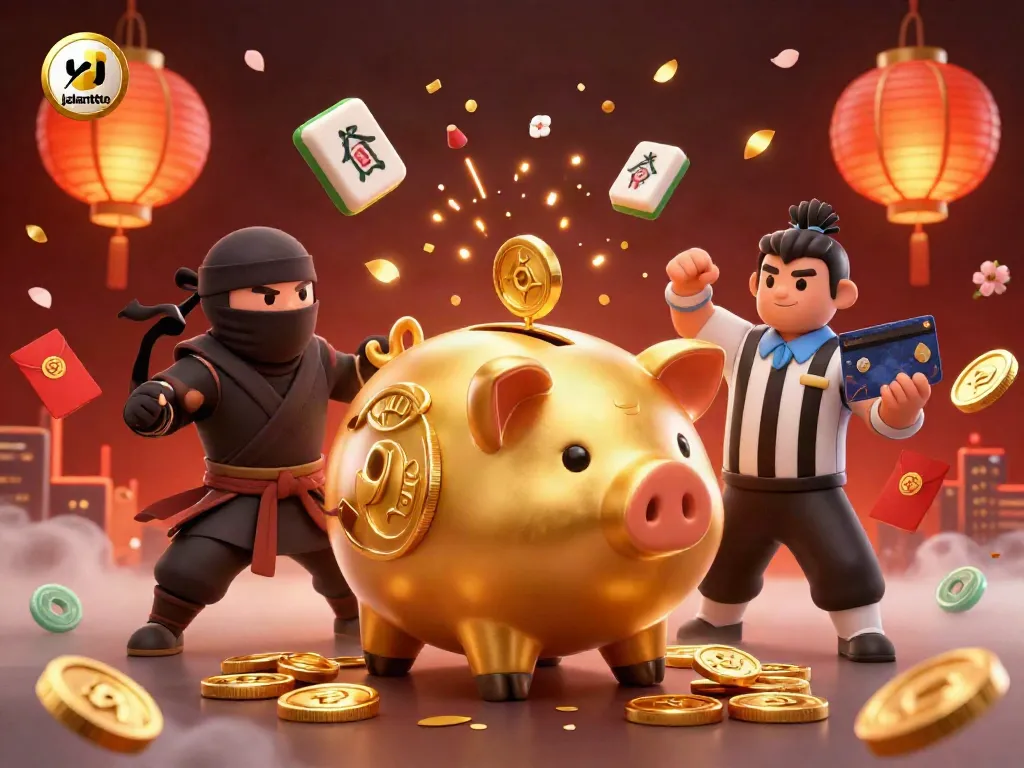 Win with jalantoto as the golden piggy bank sumo wrestler and characters celebrate casino success in dynamic scene.
