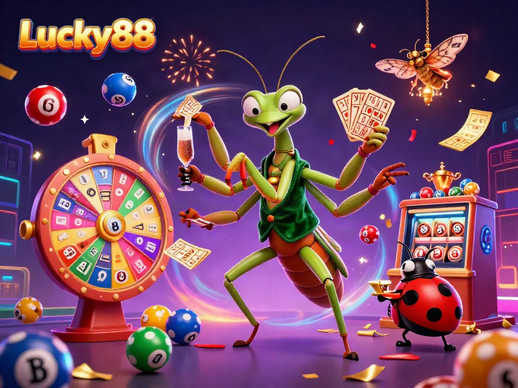 Engage in thrilling gameplay at Lucky88 with vibrant characters and dynamic casino elements in a lively scene.