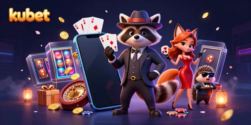 Kubet casino scene featuring a suave raccoon, a charming fox, and a hedgehog bouncer playing cards.