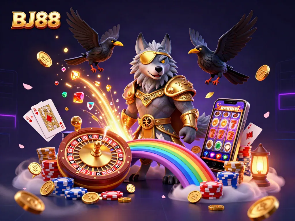 BJ88 illuminates the excitement of casino gaming featuring Odin, golden coins, and spinning roulette.