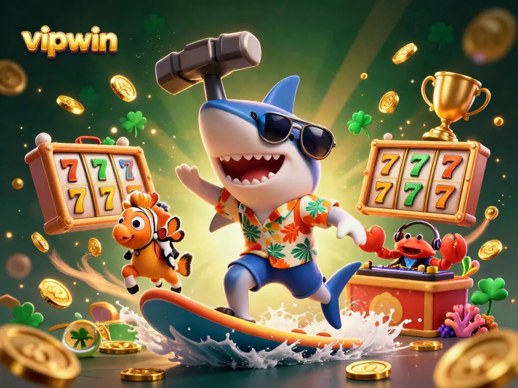 Experience thrilling wins at vipwin with a lively scene of a shark, clownfish, and a DJ crab in a casino.