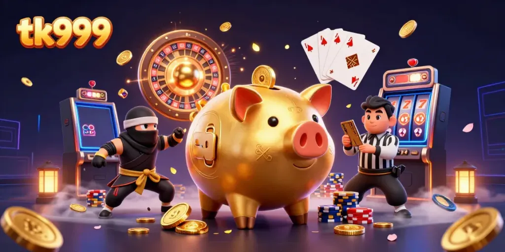 Experience exciting gameplay with tk999 in this vibrant 3D casino scene showcasing action-packed elements.