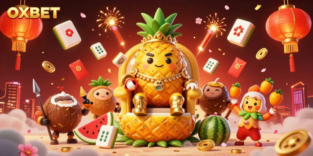 Experience OXBET with a vibrant 3D illustration showcasing casino characters and festive game elements.