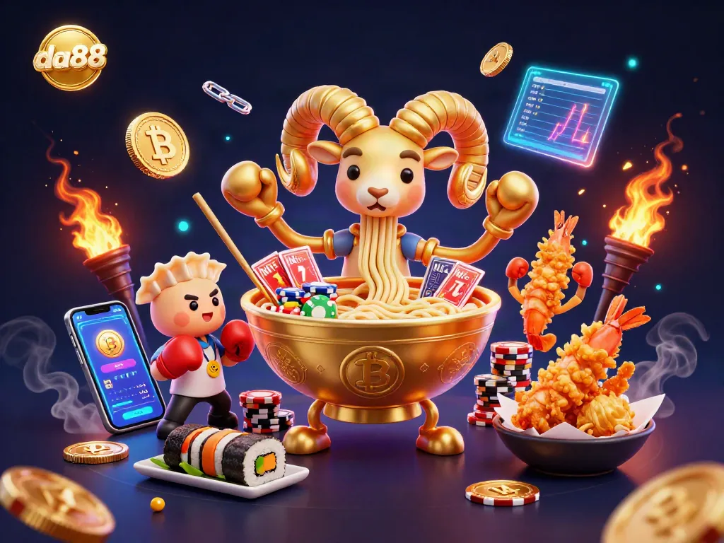 Engage with da88's thrilling gaming experience featuring vibrant characters, slot elements, and crypto visuals.