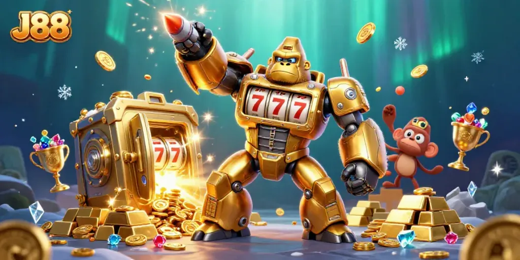 Experience the thrilling J88 gaming world with a dynamic golden gorilla mech surrounded by treasures.
