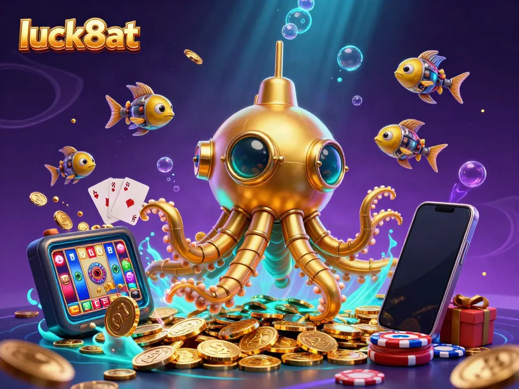 Engage with luck8at's golden kraken submarine in an exciting casino scene filled with coins and slot games.