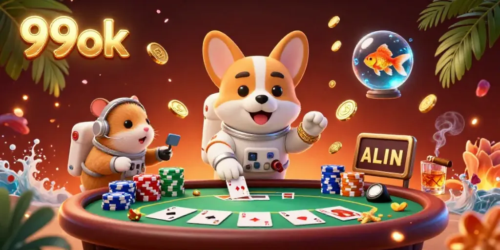 Engage in thrilling actions at 99ok casino with floating poker chips and a cartoon astronaut corgi.