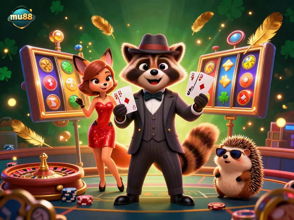 Win big at mu88 with a cartoon raccoon holding a royal flush in a vibrant live casino scene.