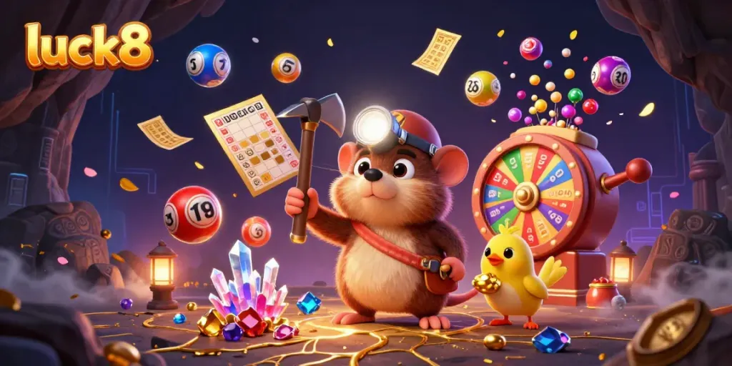 Engage with luck8's thrilling gaming experience featuring colorful lottery elements and a vibrant cartoon scene.