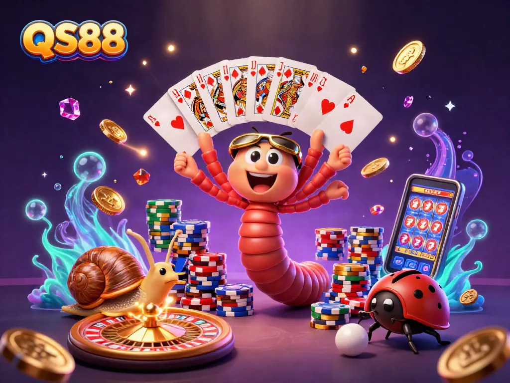 Engage in the exciting world of QS88 with dynamic casino action featuring a millipede dealer and vibrant game elements.